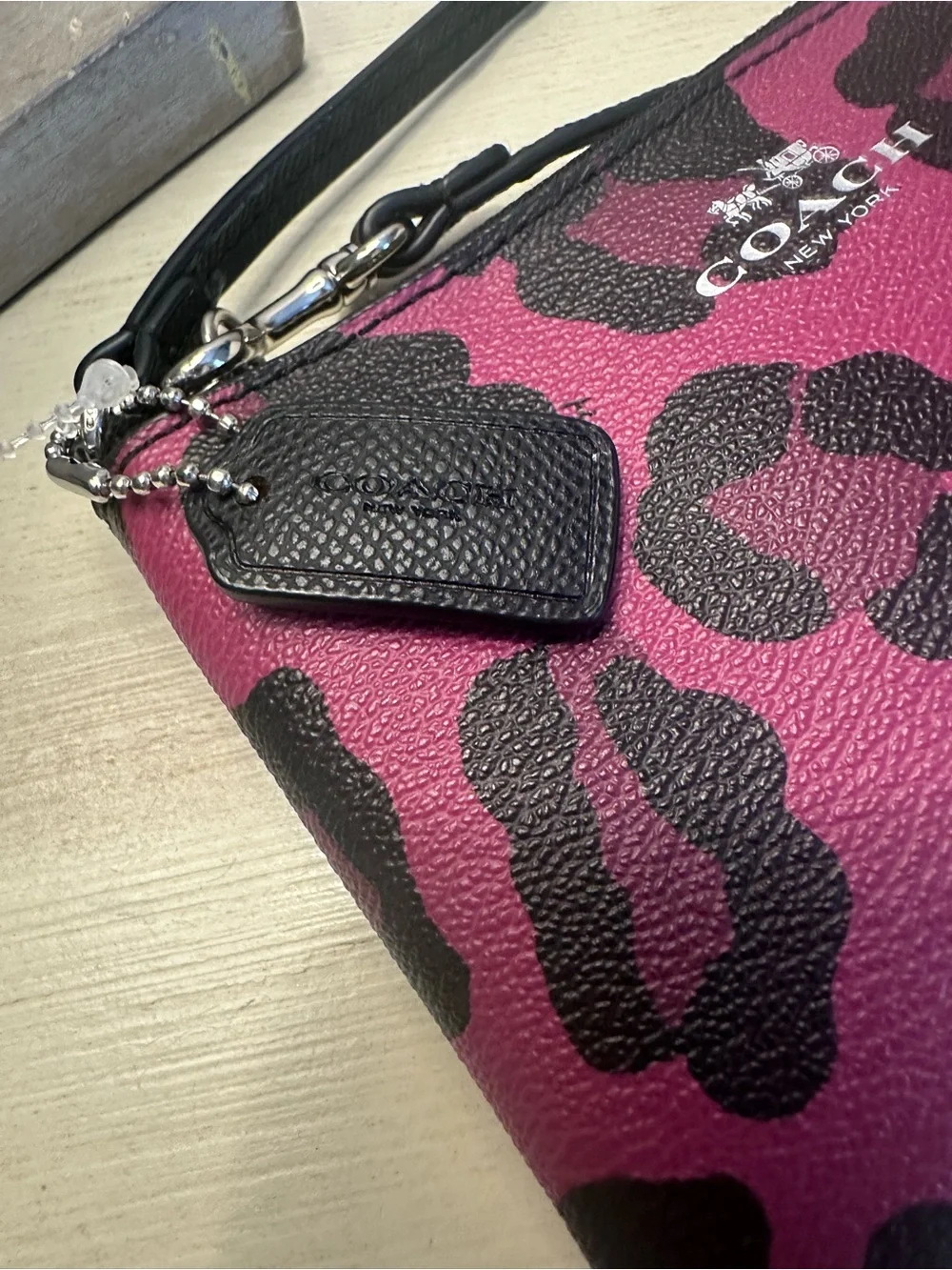 Coach Ocelot Leopard Print Pink and Black Corner Zip Wristlet - Picture 4 of 9